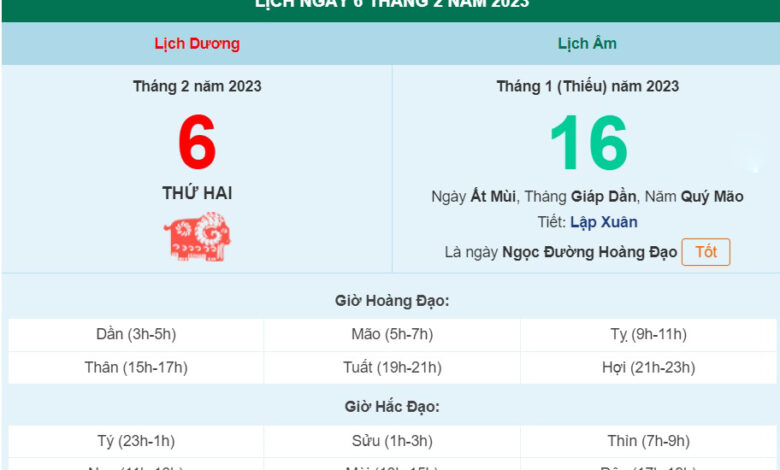 Lịch âm 6/2, xem âm lịch hôm nay Thứ Hai ngày 6/2/2023