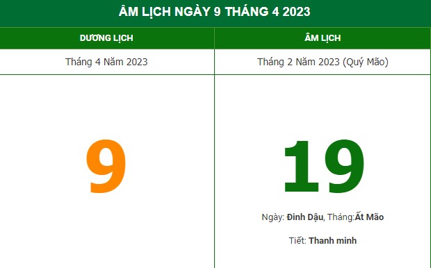 Lịch âm 9/4, xem âm lịch hôm nay Chủ Nhật ngày 9/4/2023 đầy đủ
