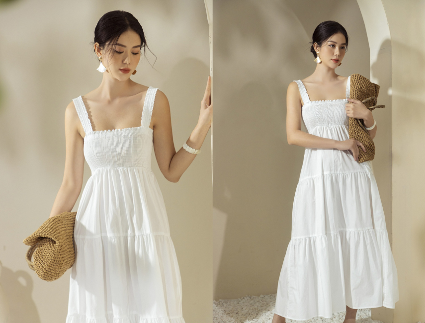 Mẫu nail đẹp đính đá kết hợp cùng váy maxi tạo sự lấp lánh và sang trọng hơn