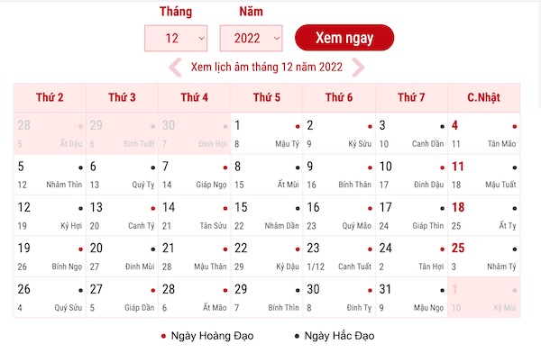 Tháng 12 Có Bao Nhiêu Ngày Theo Lịch Âm và Dương 2022